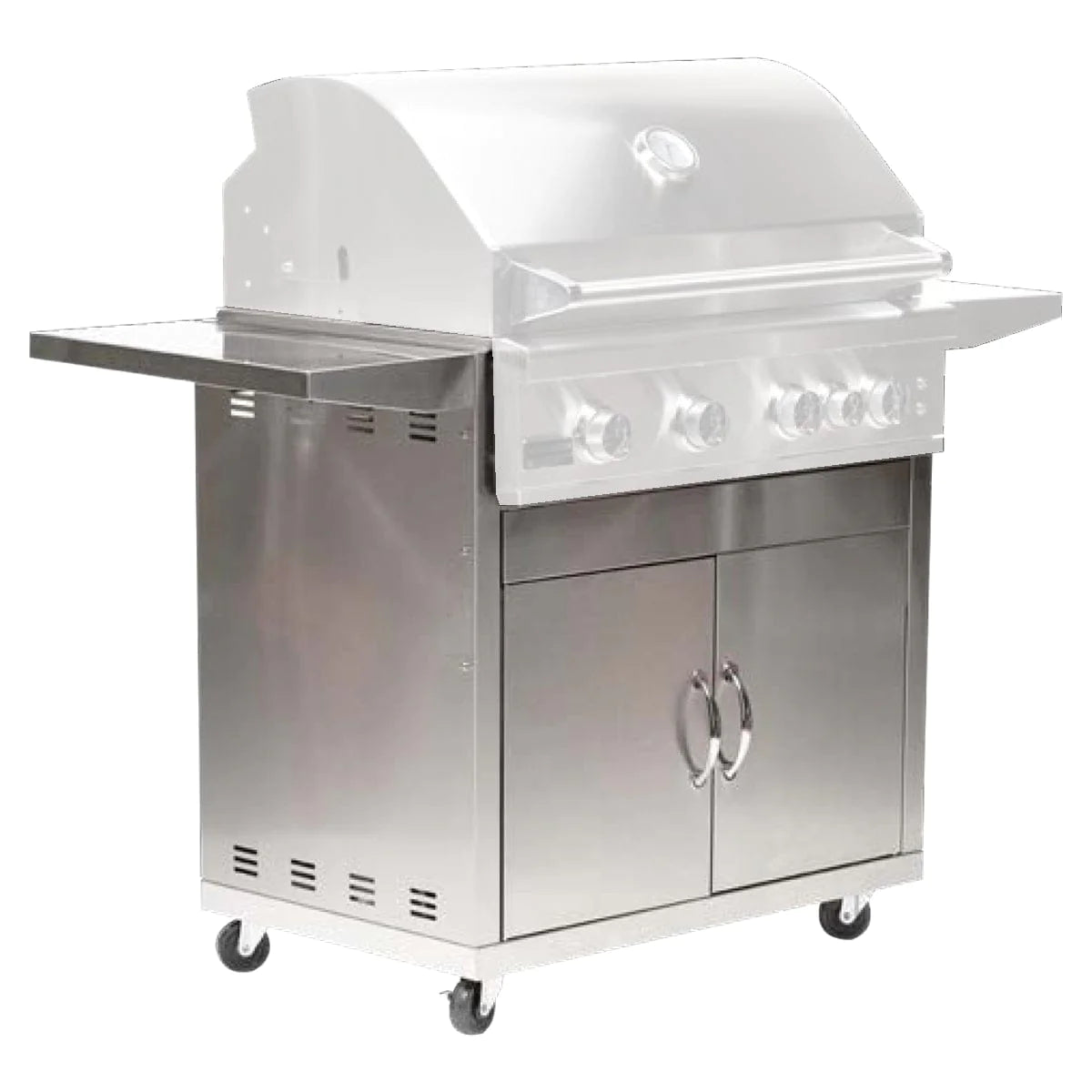 Stainless steel grill cart with 2 doors, side shelves, and control knobs
