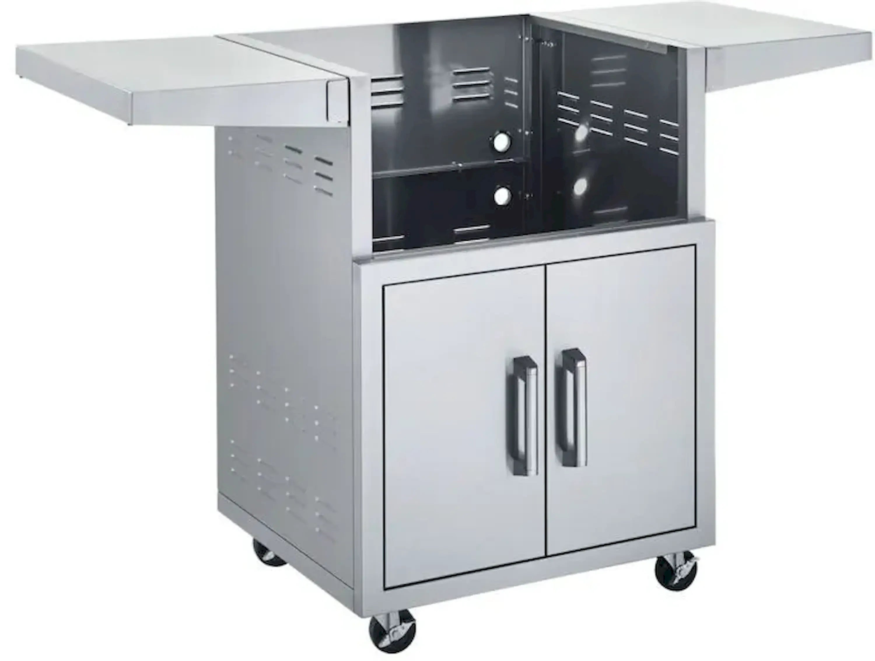25-inch stainless steel grill cart with two cabinet doors, side shelves, and wheels