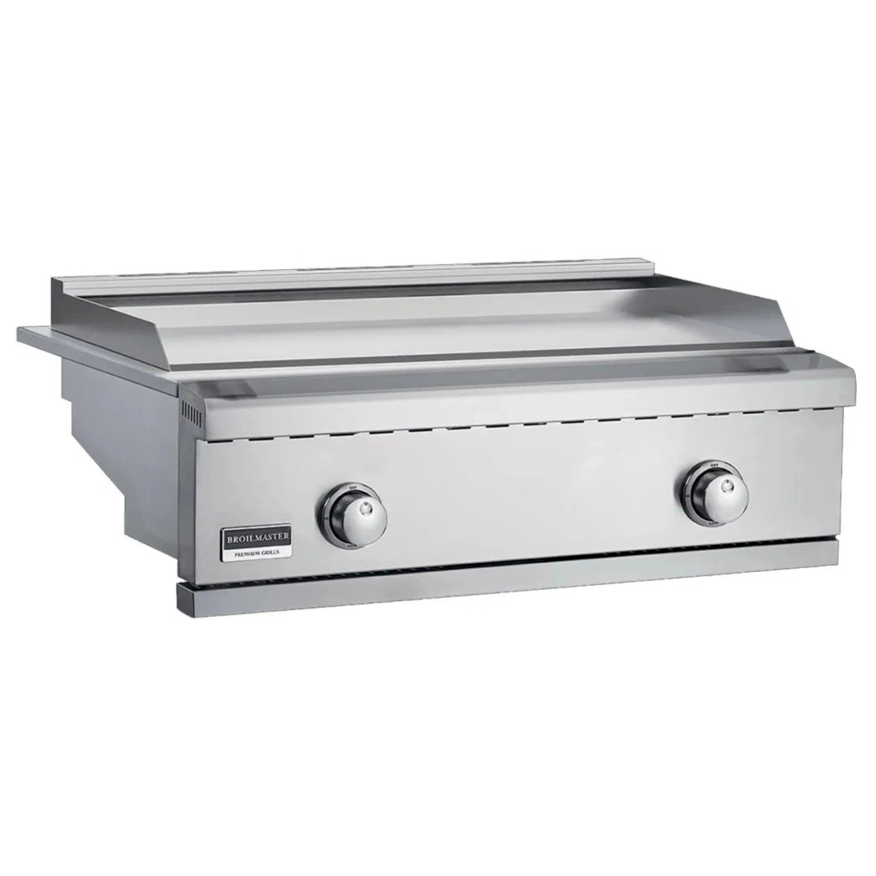 Stainless steel 2-burner natural gas griddle with two front control knobs and flat top