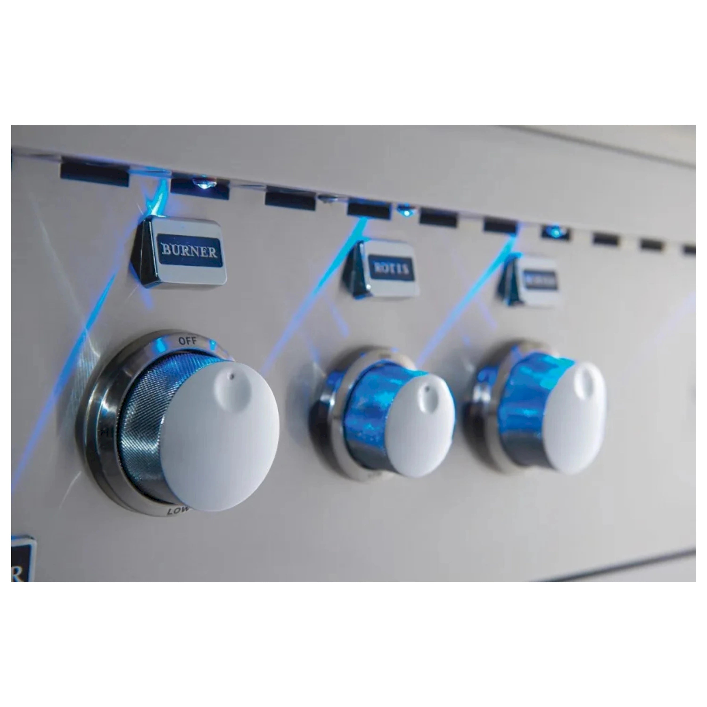 Stainless steel burner control knobs with blue flame indicator lighting