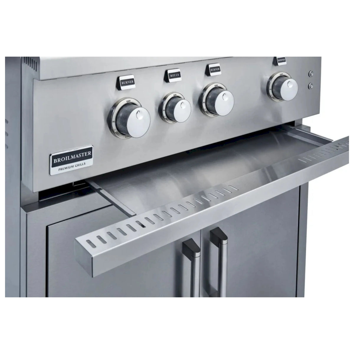 Stainless steel grill front panel with burner knobs and drip tray ledge