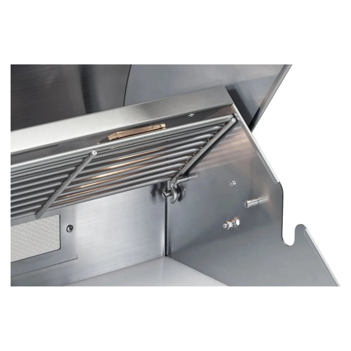 Stainless steel gas grill lid with open firebox and control knob area