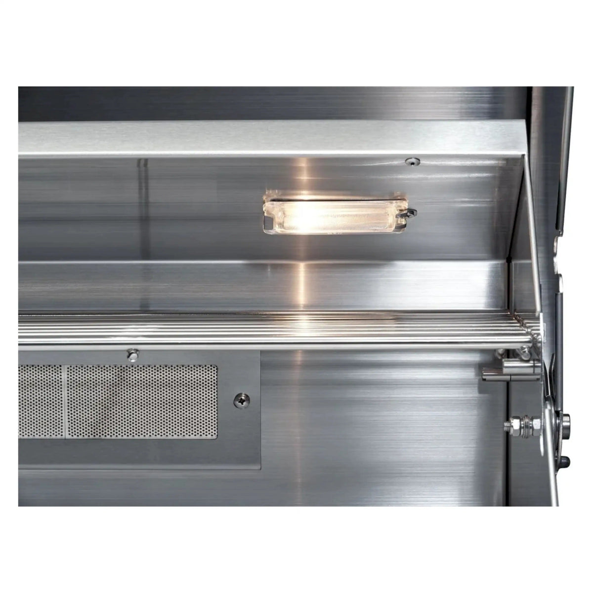 Stainless steel sear burner housing with illuminated window and side control fittings