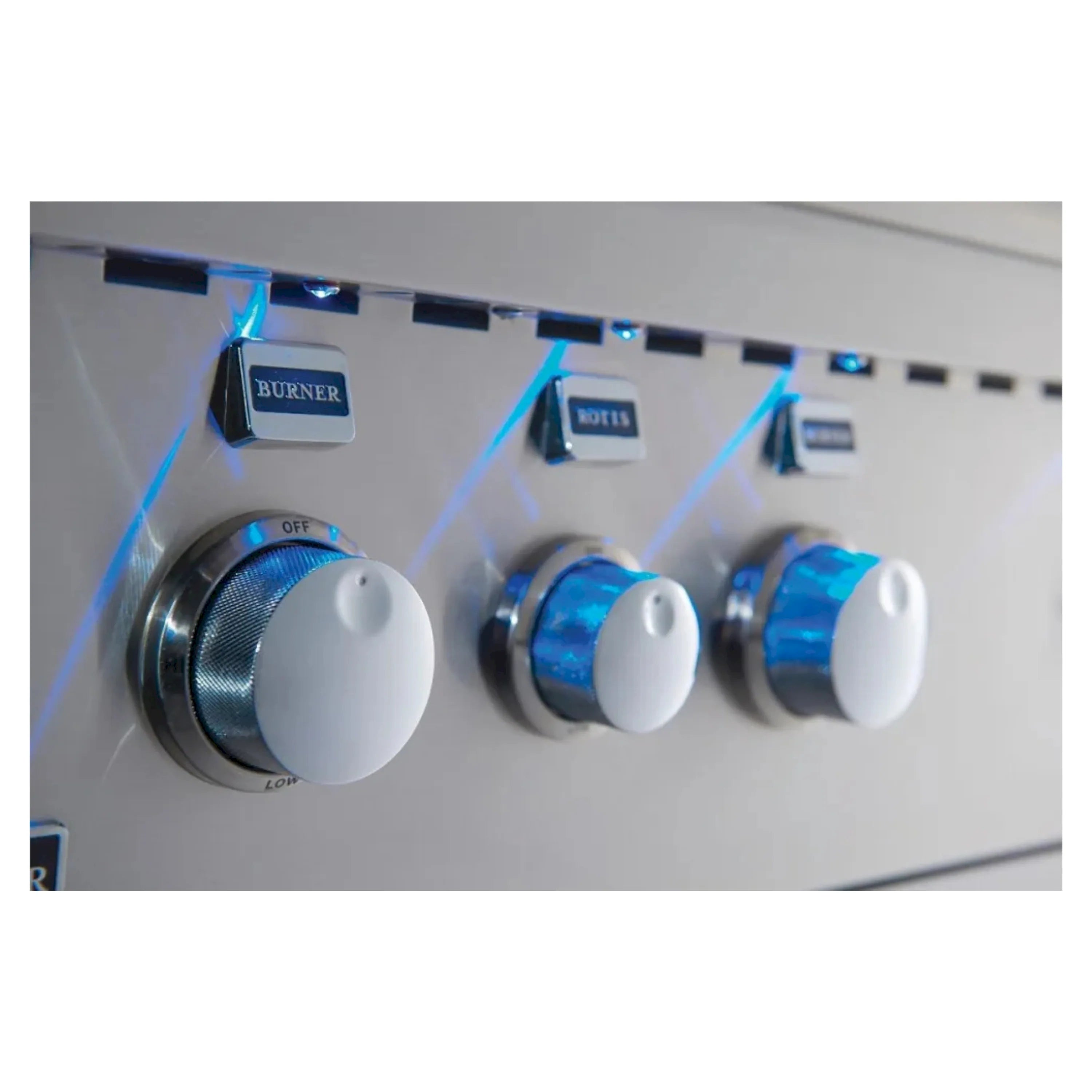 Stainless steel gas grill knobs lit with blue indicator lights