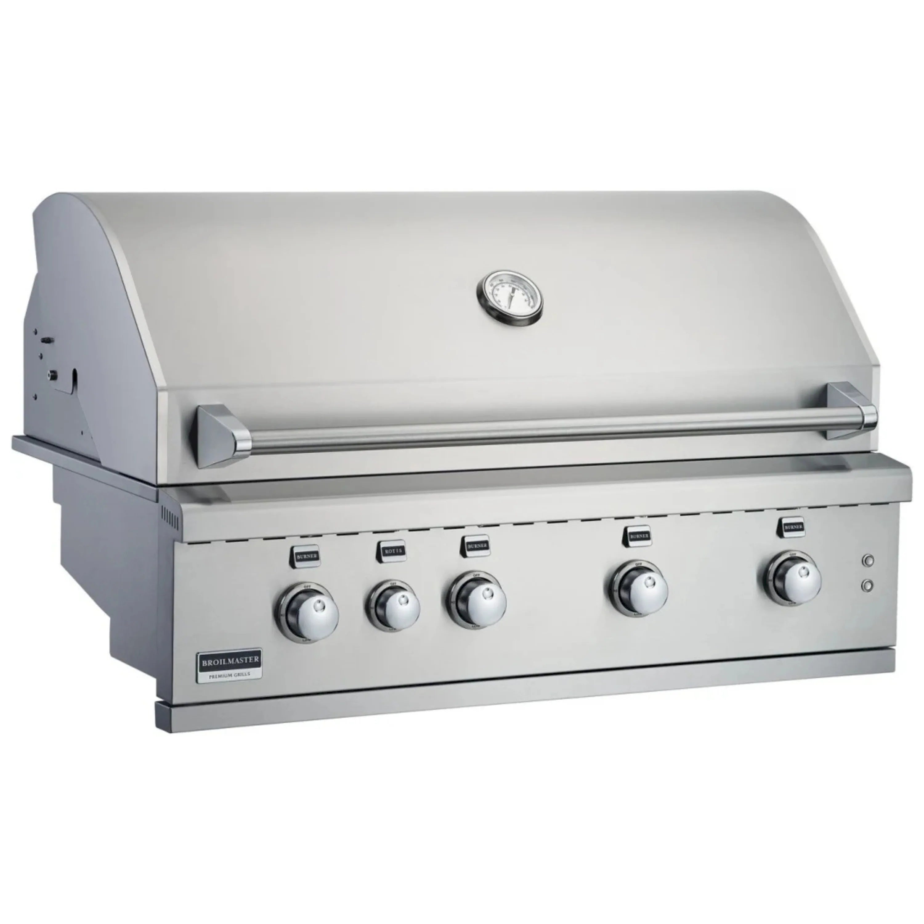 Stainless steel gas grill with lid, thermometer, four burner knobs, and front control bar