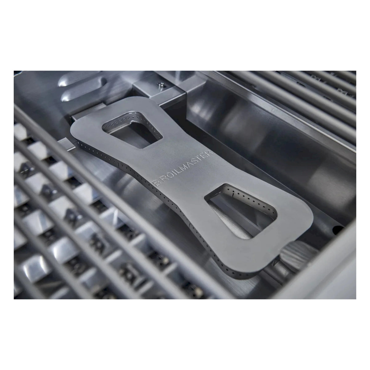 Stainless steel cooking grates with a central branded flavorizer bar