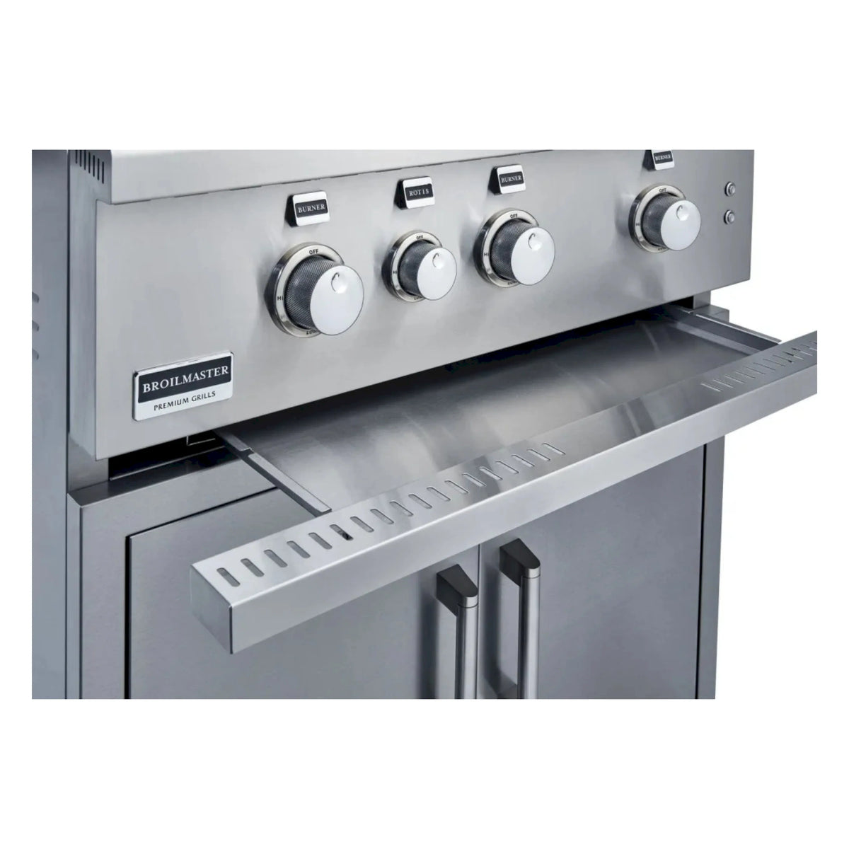 Stainless steel gas grill control panel with four round knobs and ignition switches