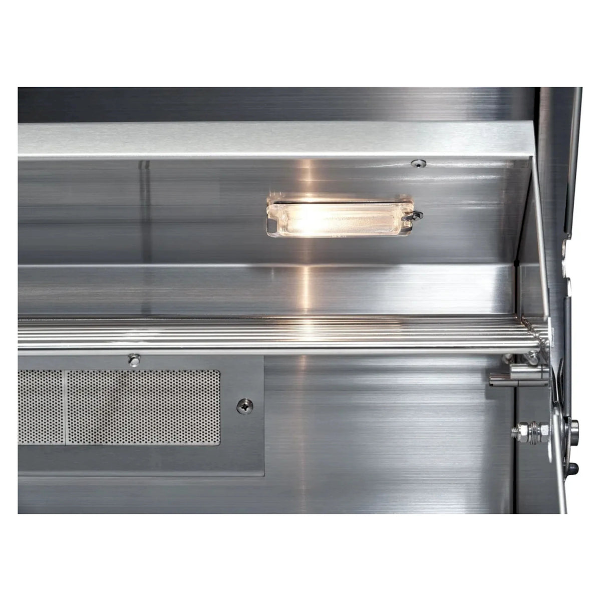Stainless steel gas grill with interior light window on the back panel