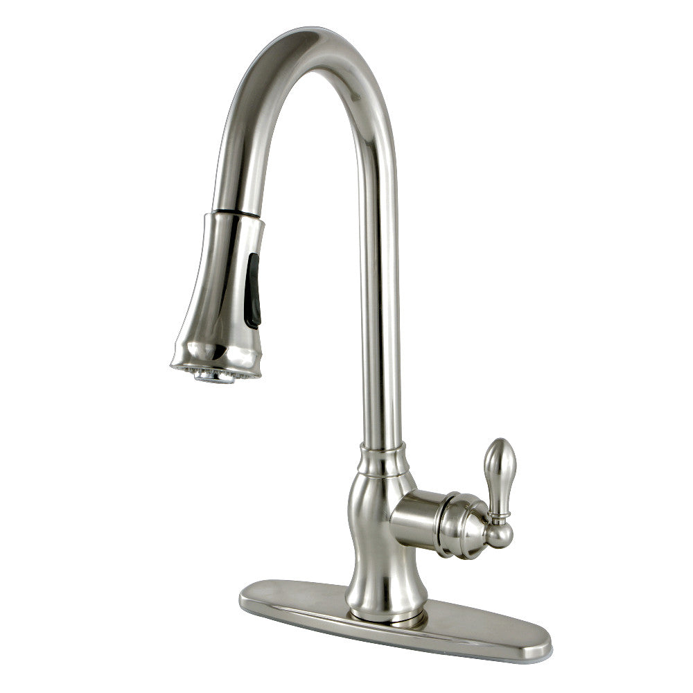 Brushed nickel kitchen faucet with arched spout and pull-down sprayer head
