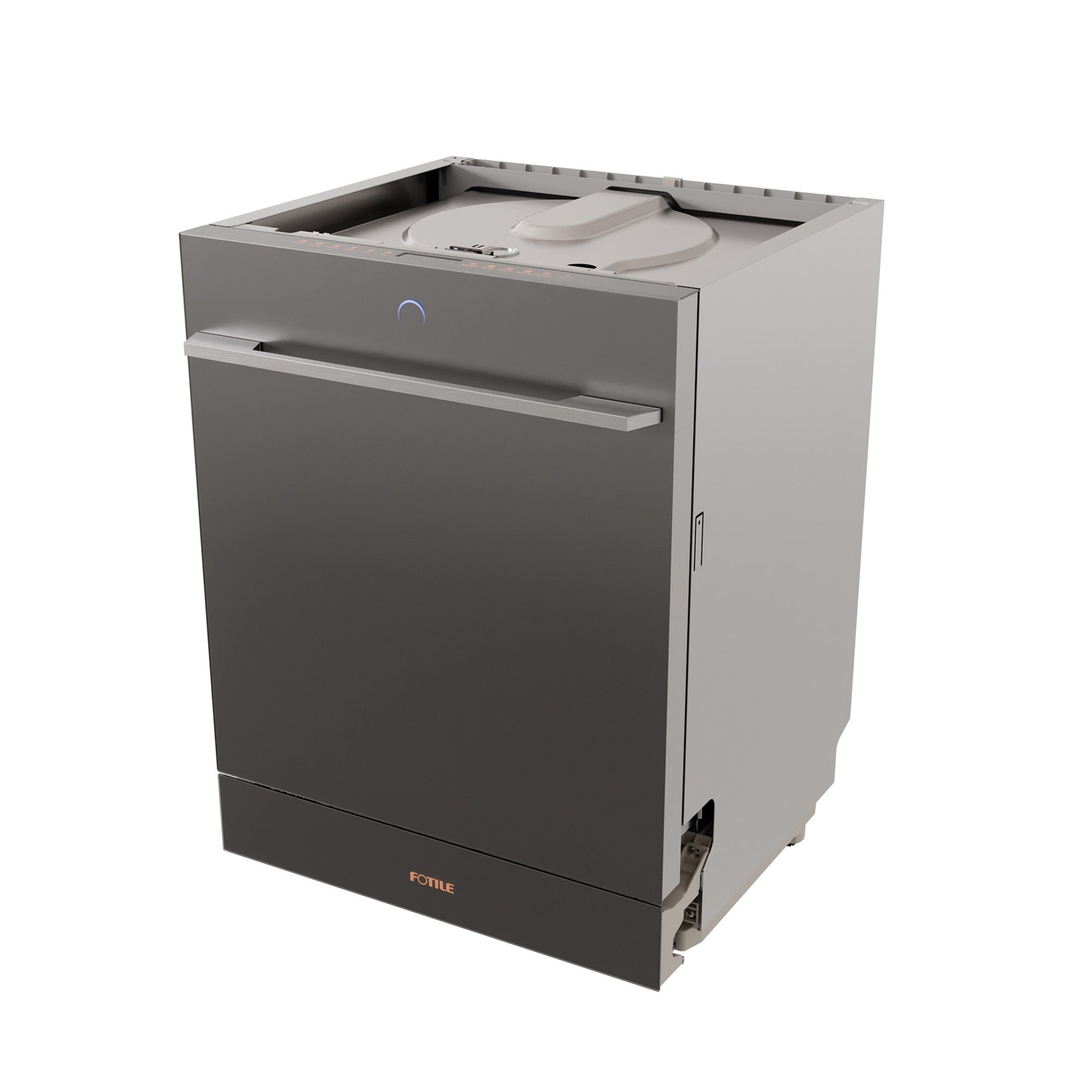 Fotile built-in dishwasher open from top with dark gray door and side access panel