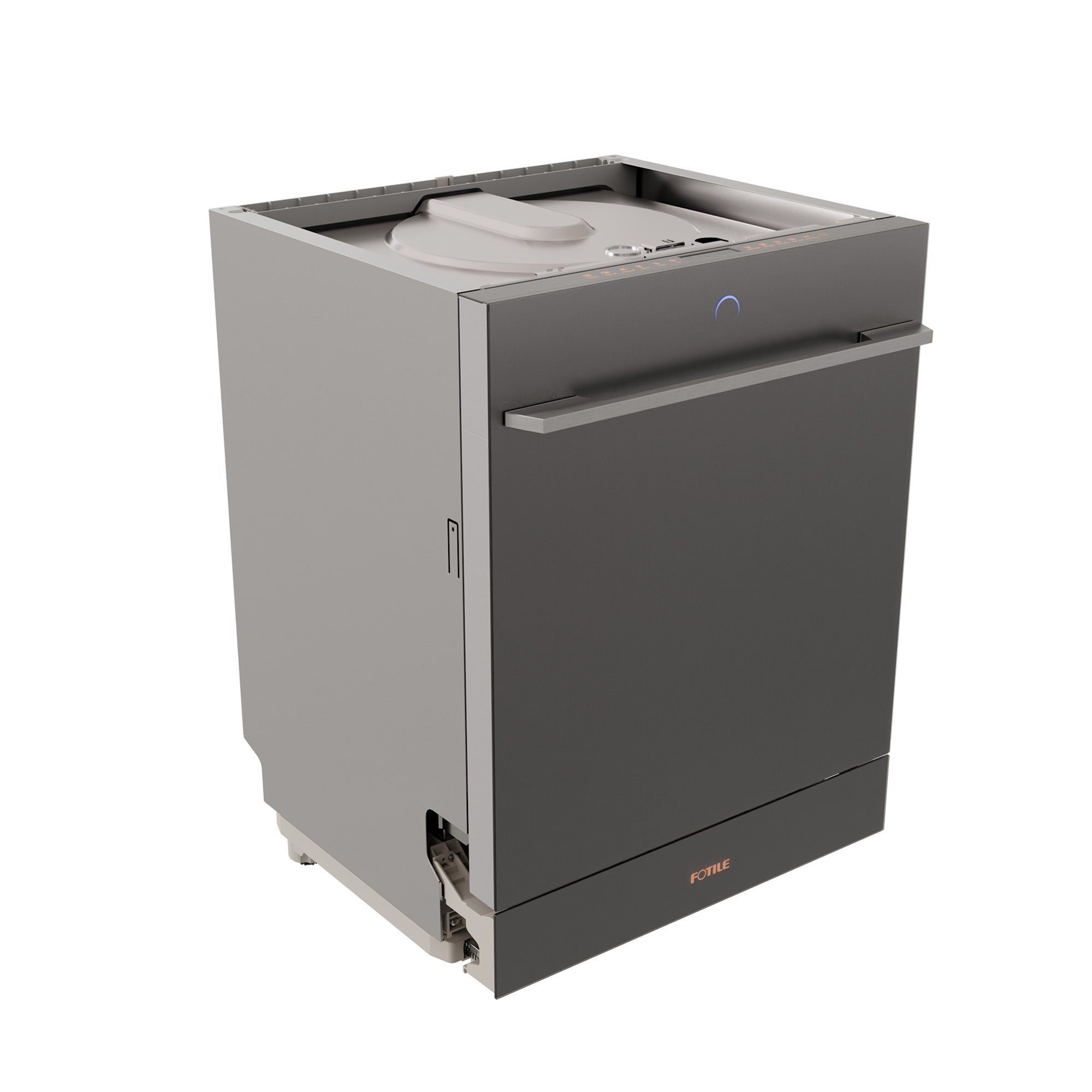 Fotile built-in dishwasher in dark gray with open top and circular wash plate