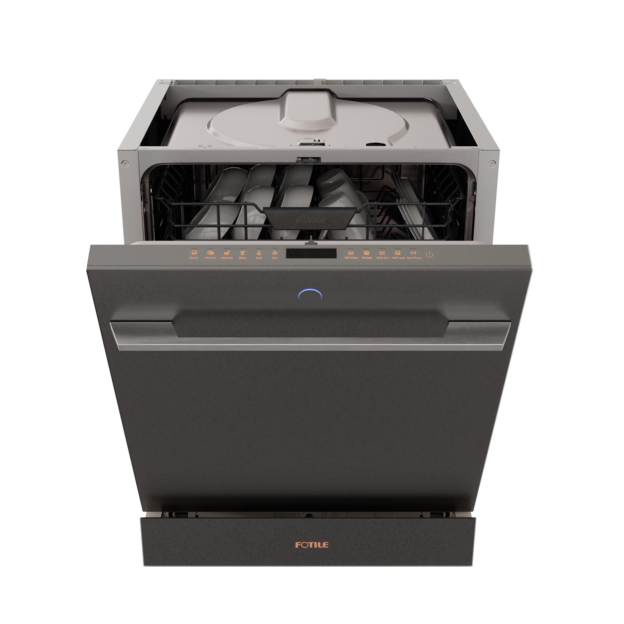 Fotile 24-inch built-in dishwasher open with gray tub, spray arm, and front LEDs
