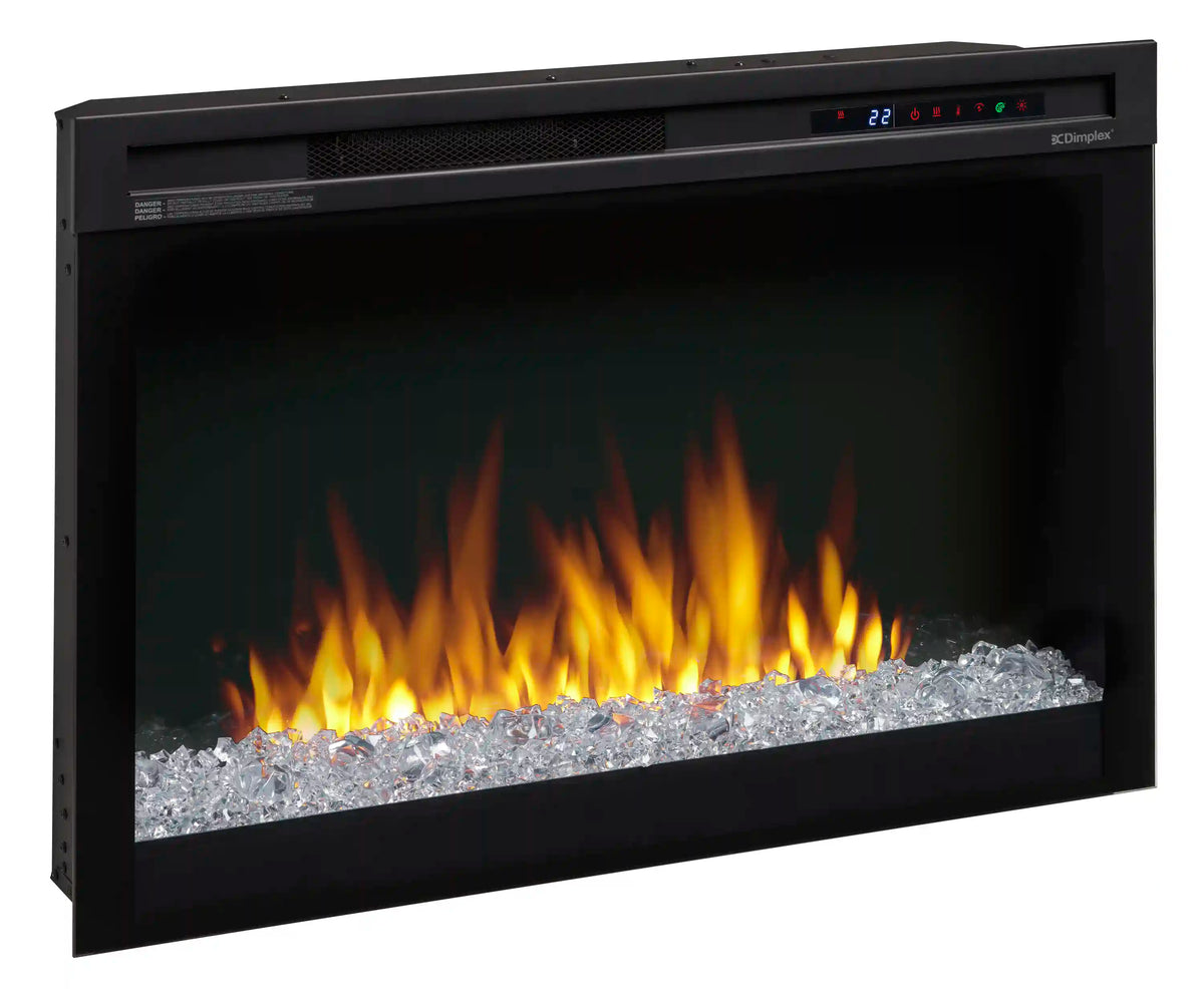 Plug-in electric firebox with bright flame effect over silver crystal-style ember bed