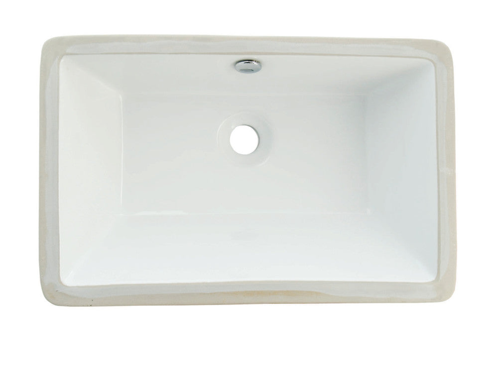 White rectangular undermount ceramic bathroom sink with drain and overflow holes