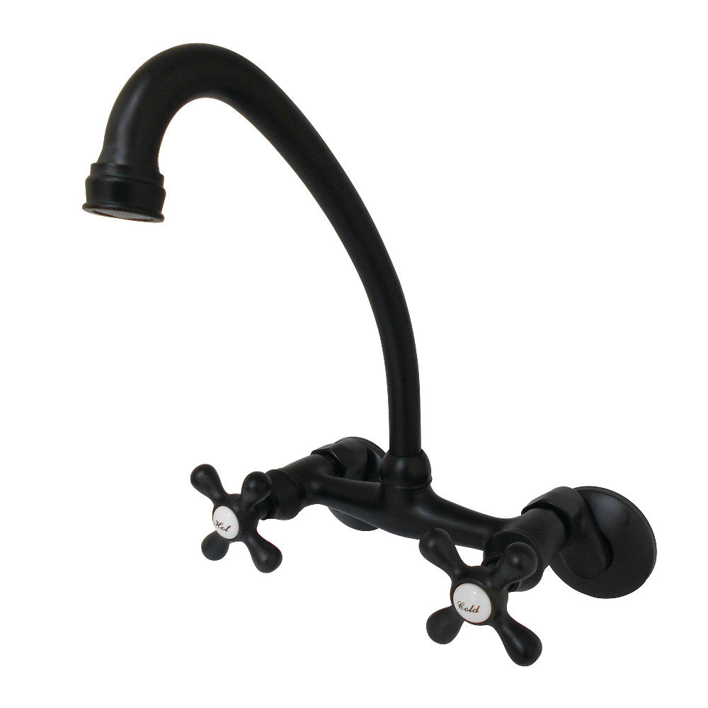 Matte black double-handle wall-mount kitchen bridge faucet with curved spout