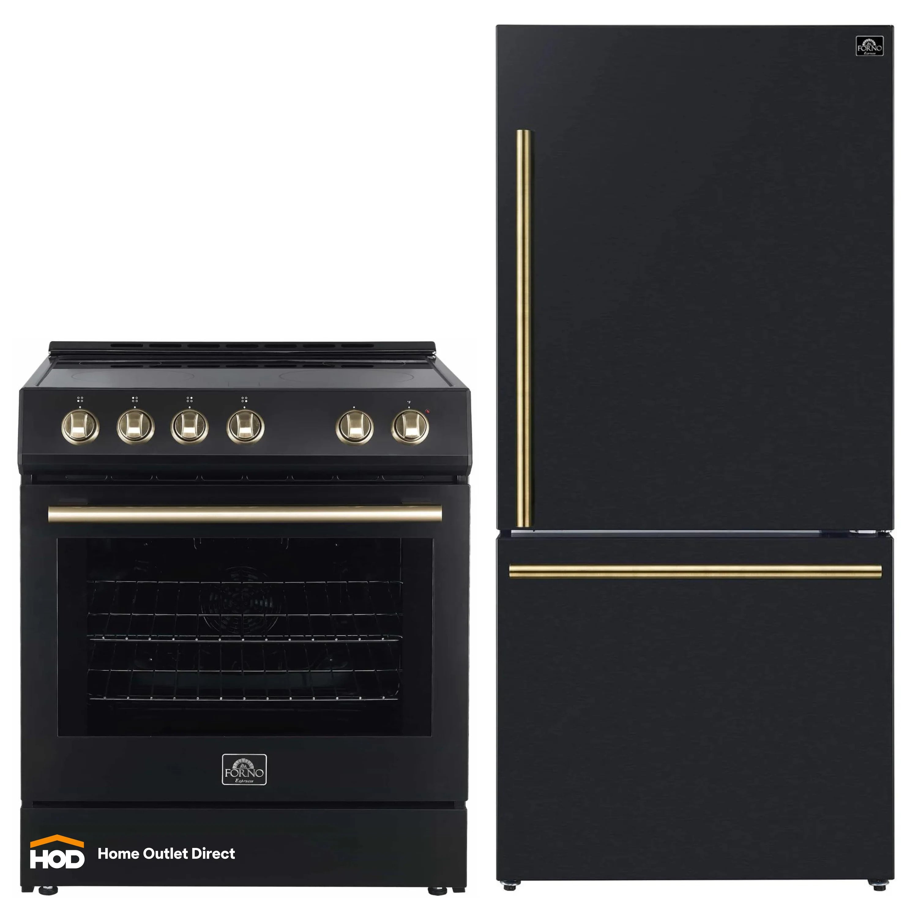 Black electric range and refrigerator set with antique brass trim accents