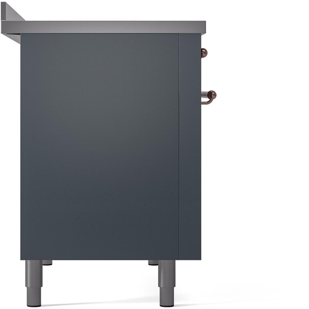 Blue-grey freestanding induction range back/side panel with copper knob and leveling legs.