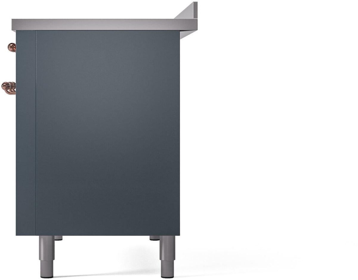 Blue-grey freestanding induction range side panel with copper handle detail and legs.