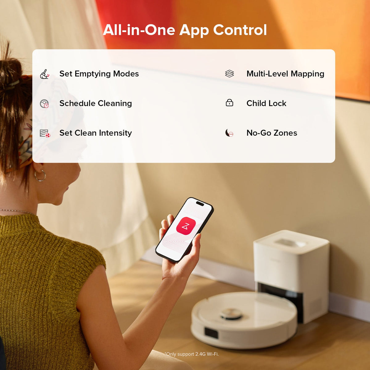 Robot vacuum and mop app control on a smartphone with dock and robot in view