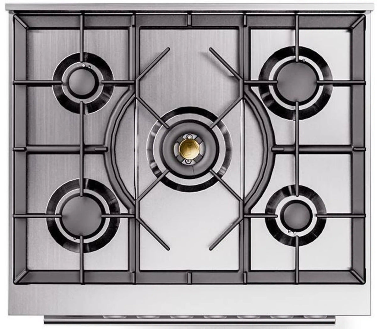 Five-burner cooktop with matte grates and centered burner caps