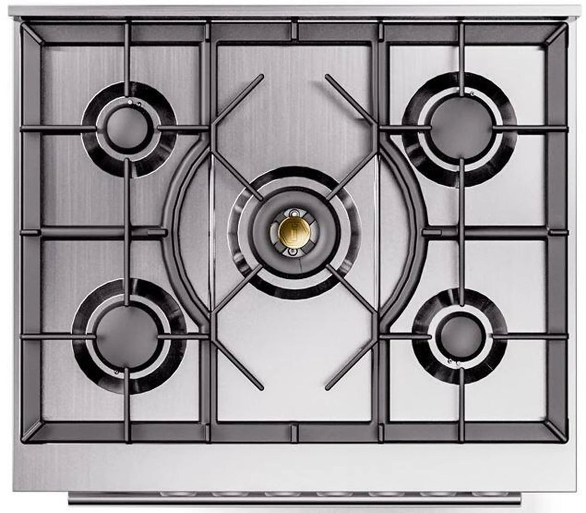 Stainless steel cooktop with five circular burner grates and central hex-shaped grill