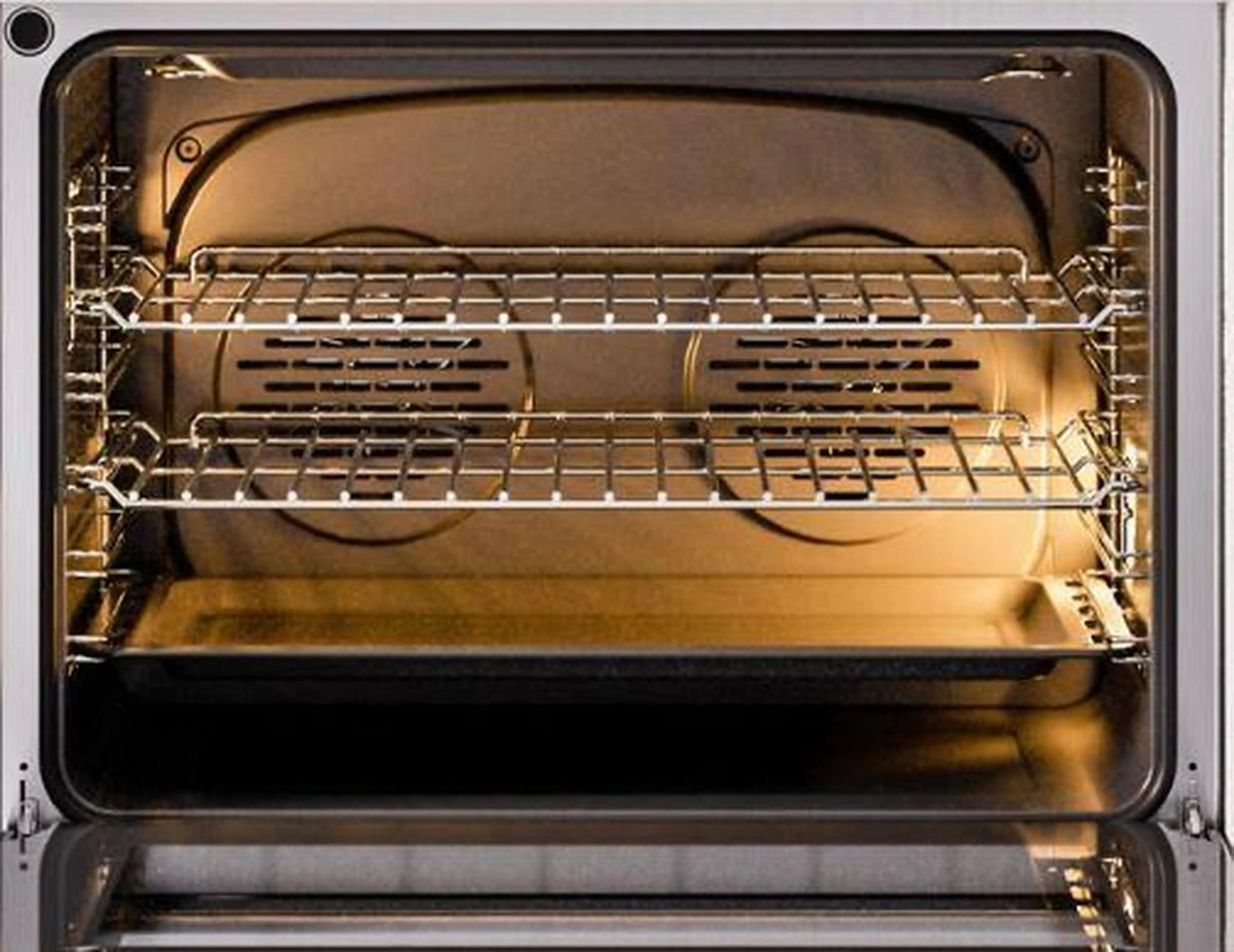 Freestanding oven cavity with racks and heating element on a gas range, door open