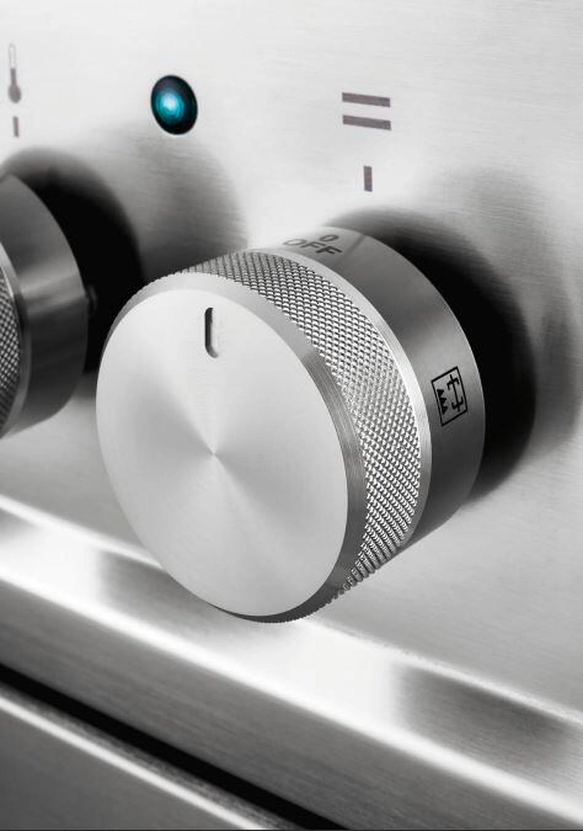 Stainless steel gas range control knob with burner settings dial and indicator light