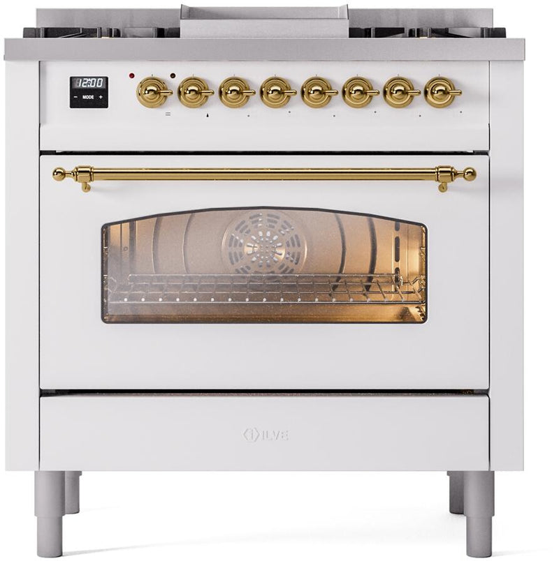 ILVE Nostalgie II 36-Inch Dual Fuel Freestanding Range in White with Brass Trim (UP36FNMPWHG)