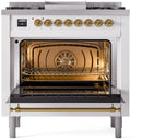 ILVE Nostalgie II 36-Inch Dual Fuel Freestanding Range in White with Brass Trim (UP36FNMPWHGLP)