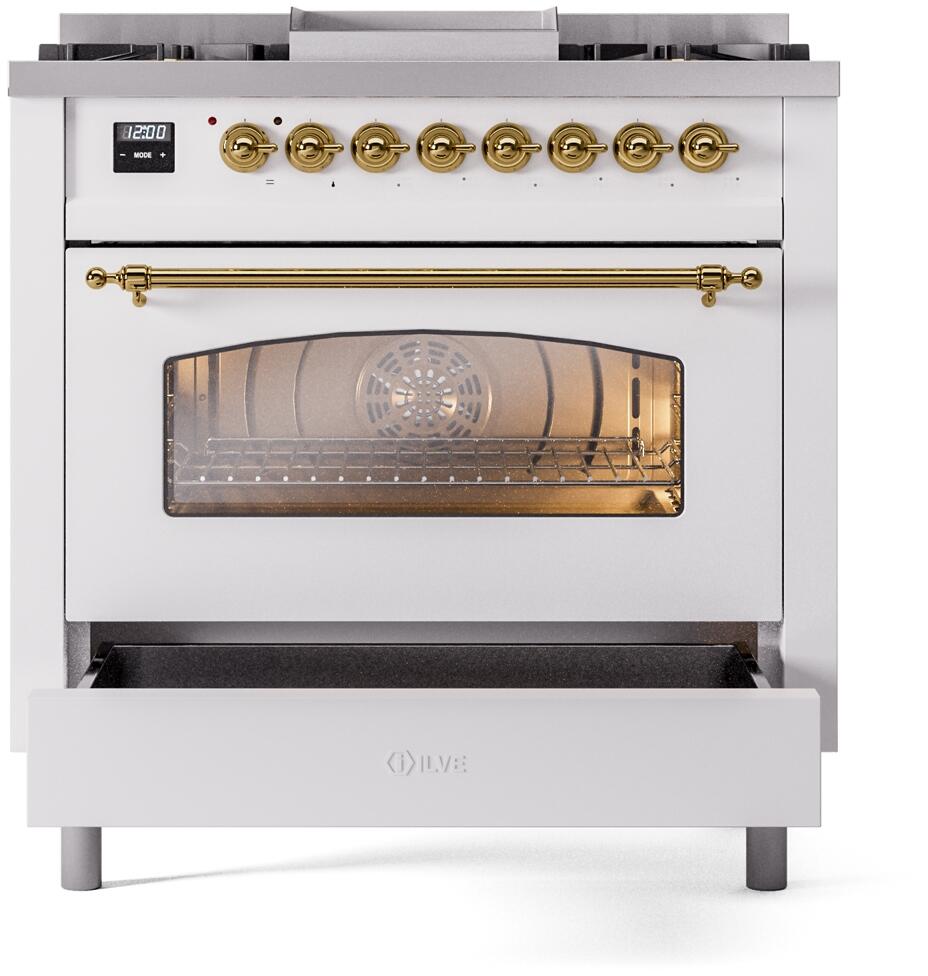 Freestanding range with brass oven handle, oven window, and storage drawer open