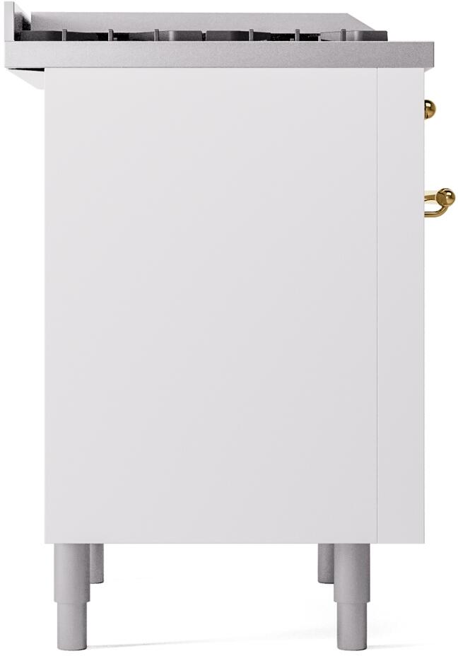 White freestanding range side panel view with brass trim edge