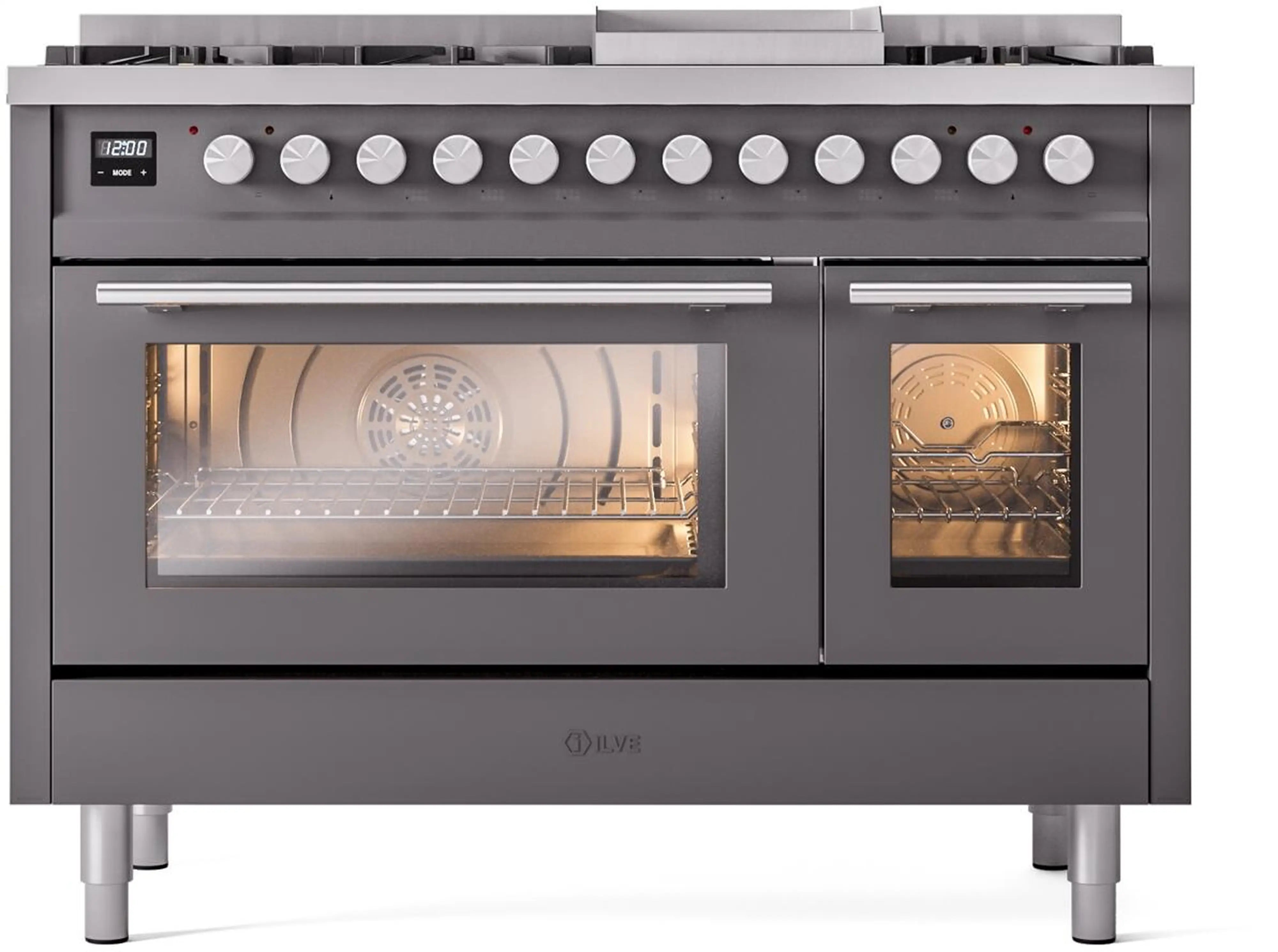 Matte graphite freestanding dual-oven range with oven lights visible through glass