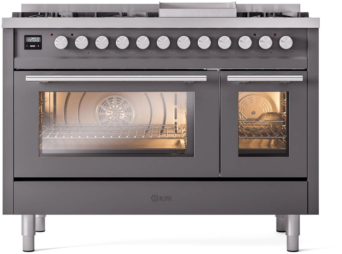 Matte graphite dual fuel range with open ovens and row of burner control knobs