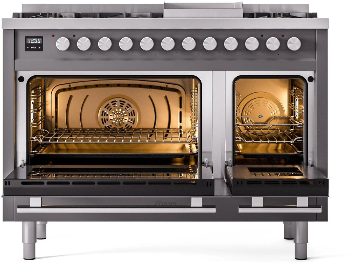 Matte graphite dual fuel range with both oven doors open and baking racks visible