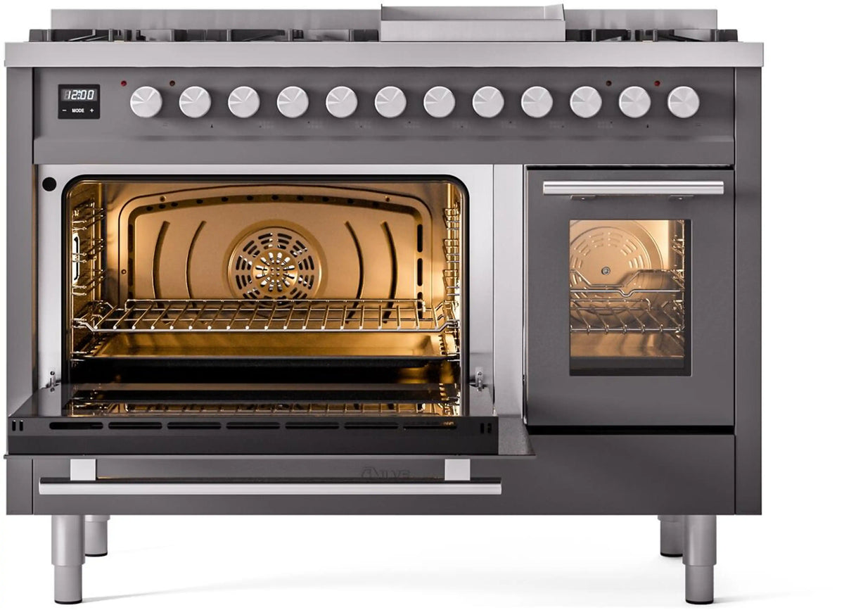 Matte graphite range with both ovens open and interior light, 8 burner knob row