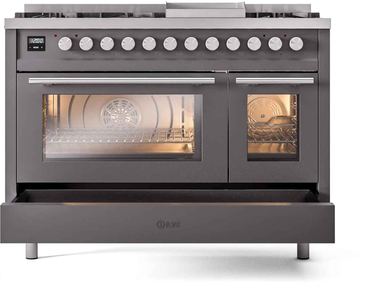 Matte graphite freestanding dual-fuel range with lit dual ovens and burner knobs