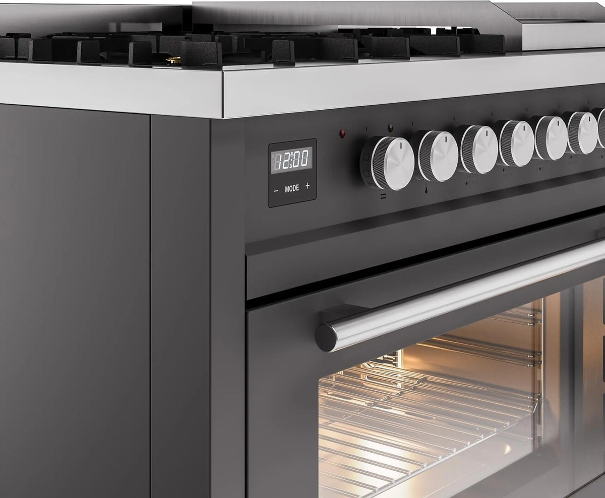 Matte graphite control panel with digital display, knobs, and open oven window