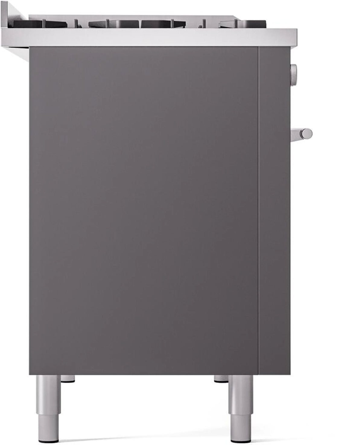 Matte graphite freestanding range side panel with four pedestal-style legs