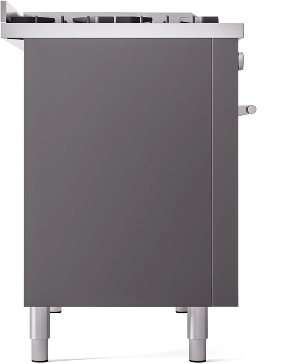 Matte graphite range front panel with control knobs side handle and leveling legs