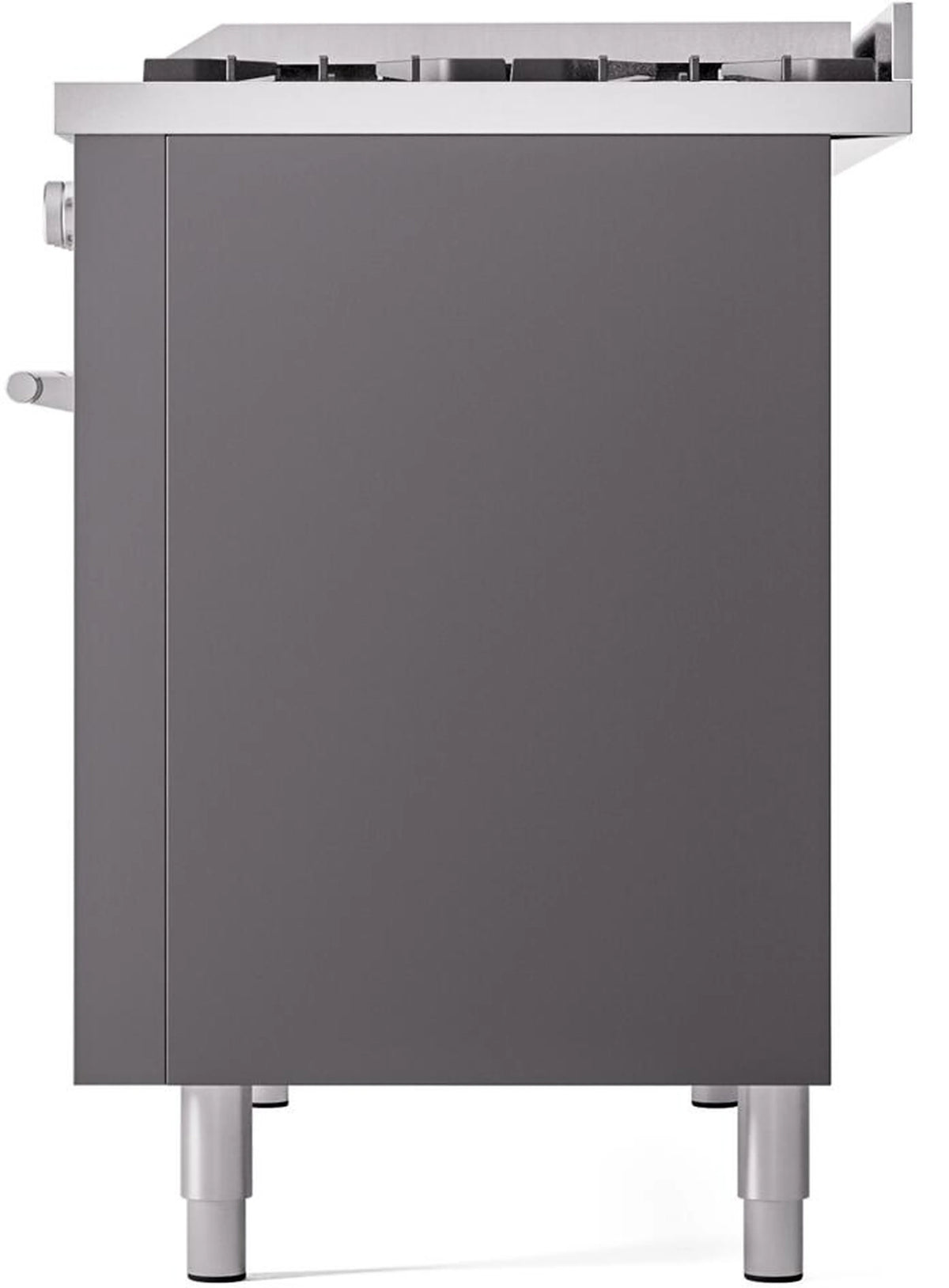 Matte graphite freestanding range side view with smooth panel and leveling legs