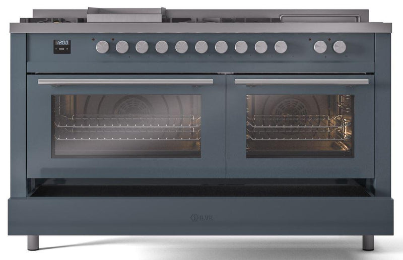 ILVE 60-Inch Professional Plus II Freestanding Dual Fuel Range with 7 Gas Burner in Blue Grey (UP60FSWMPBG)