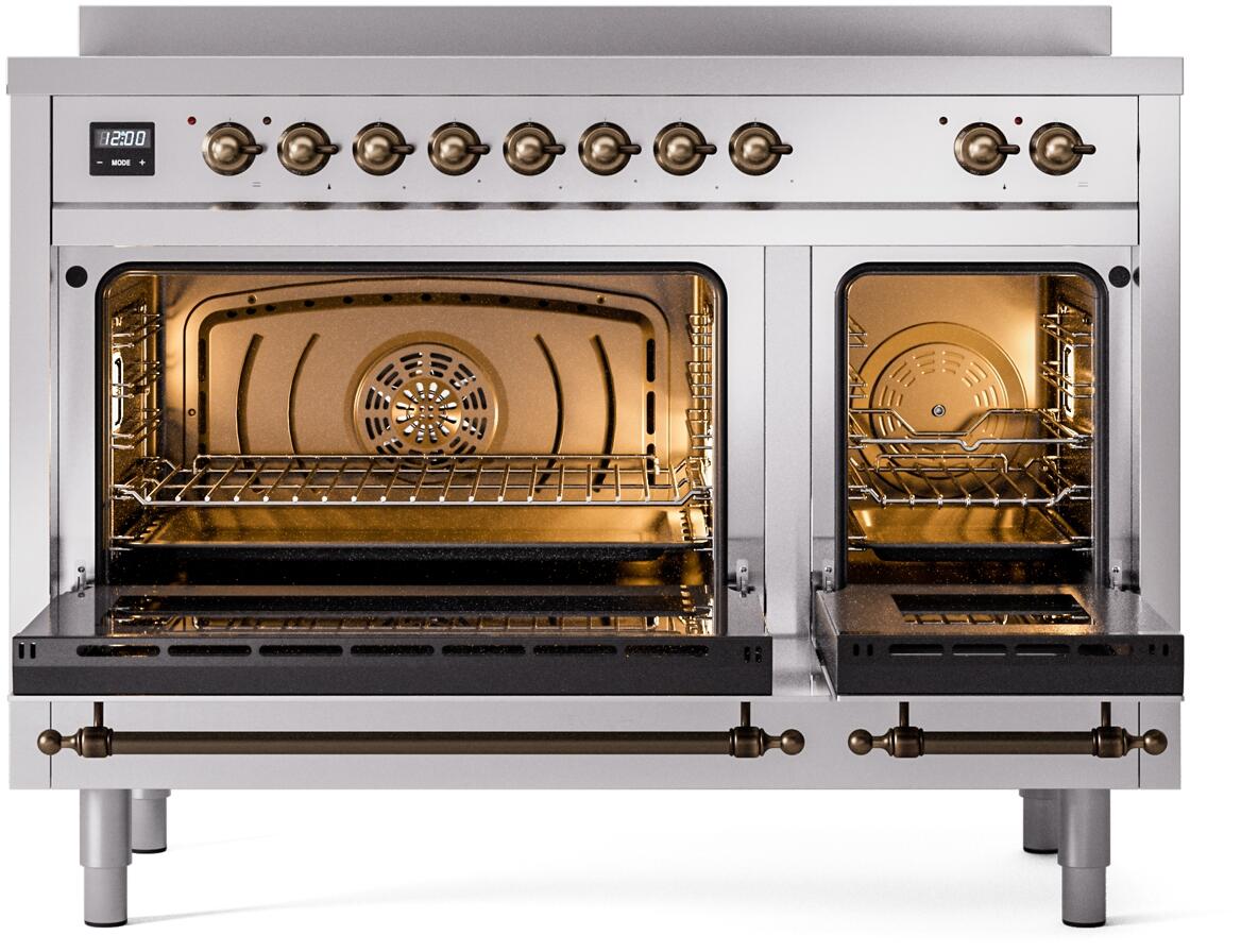 Freestanding electric induction range with both ovens open, racks inside, bronze trim
