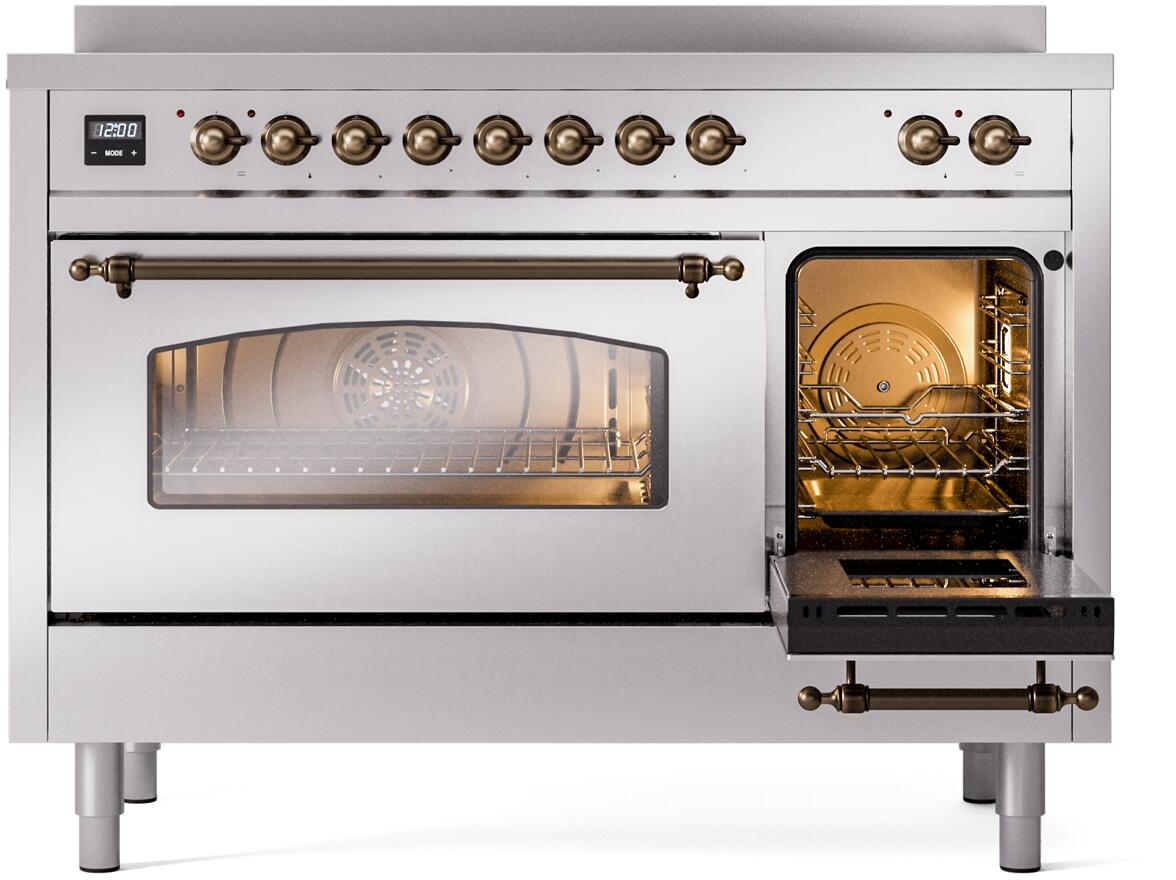 Electric induction range with right oven open, oven window, and bronze trim knobs