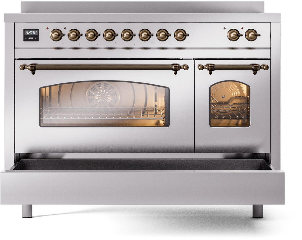 Electric induction range with front oven window, side door, and bronze knob controls