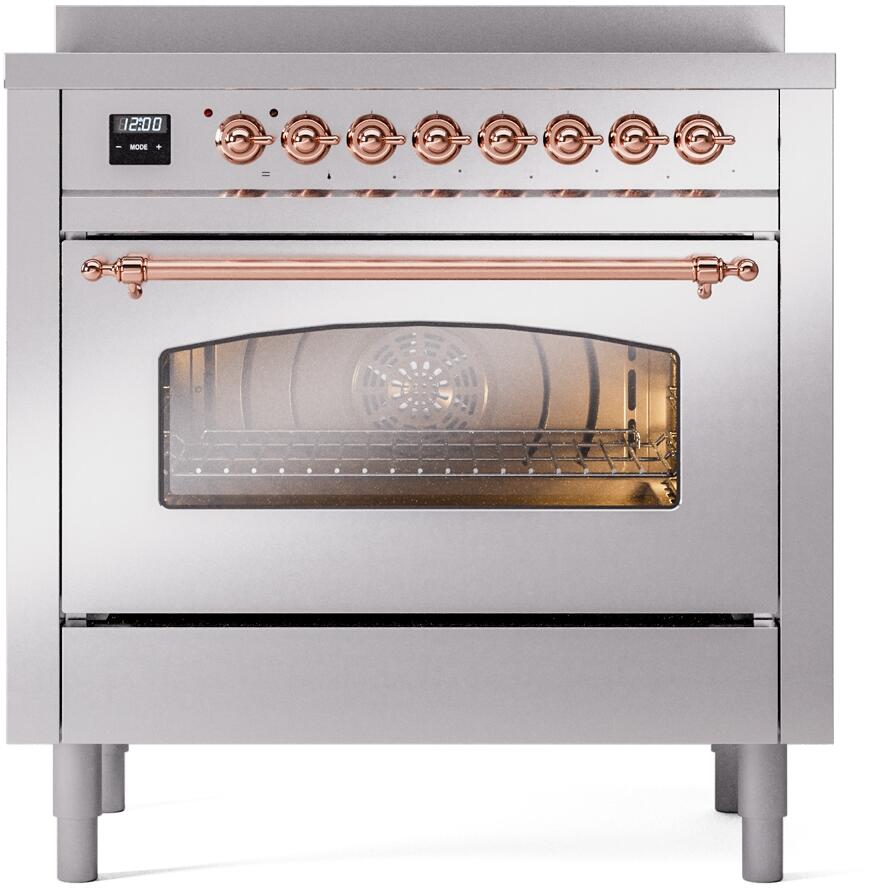 Stainless steel electric induction range with copper control knobs and oven window