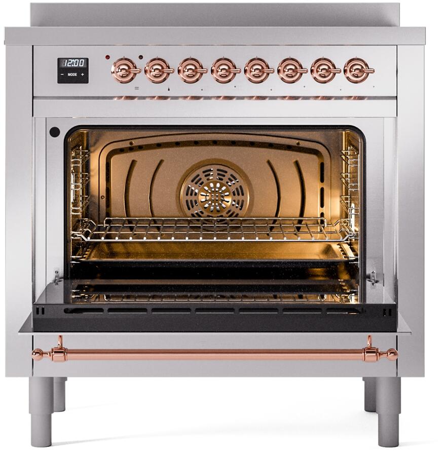 Freestanding electric induction oven door open with racks and copper handle trim