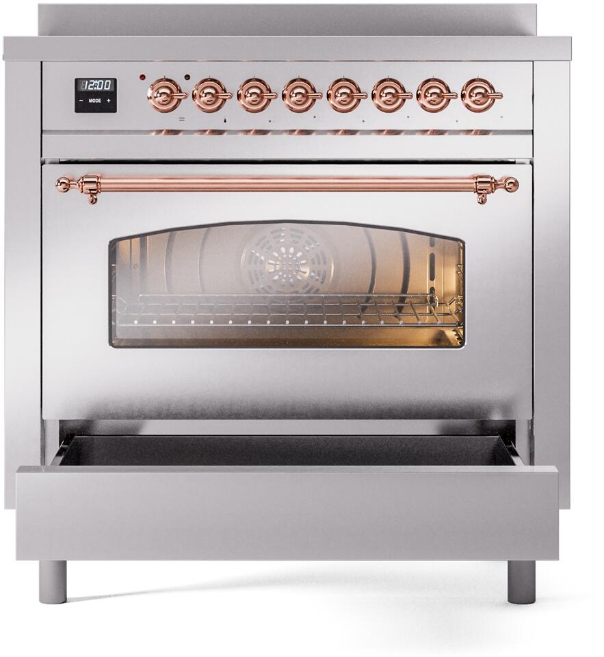 Stainless steel range front with copper knobs, oven window, and lower drawer panel