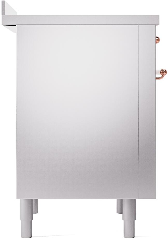 Stainless steel range side panel with copper handle accents and adjustable feet