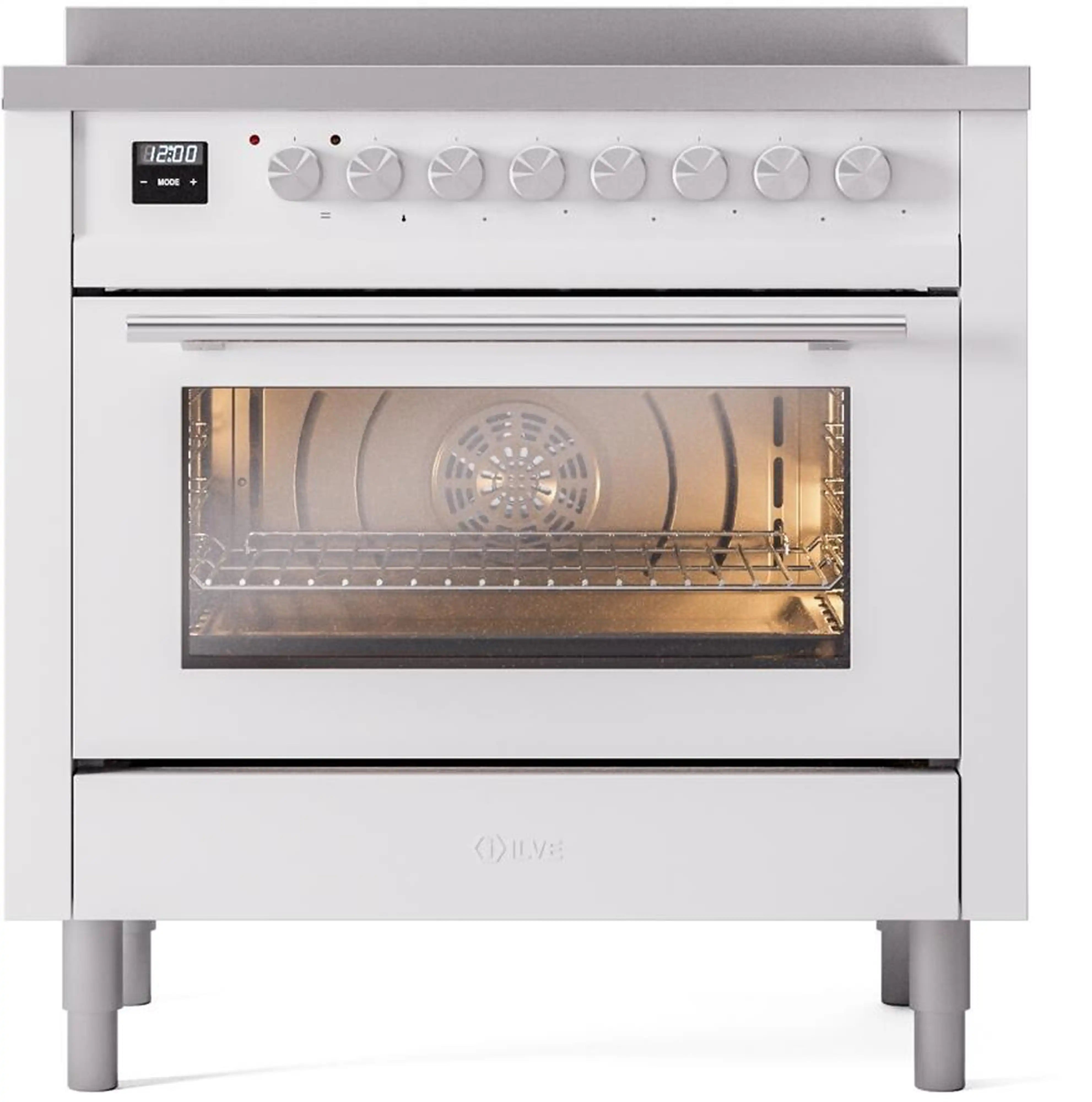 White induction range with oven door open and interior fan visible
