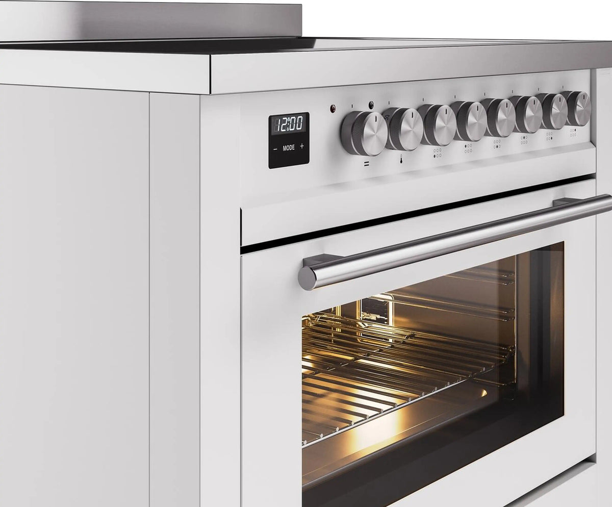 White induction range with control panel, oven door open, and black oven window